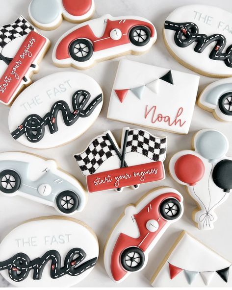 Race Car Cookies, Two Fast Two Furious, Two Fast Birthday, First Birthday Cookies, Car Cookies, 2nd Birthday Party For Boys, Cookies Birthday, Boys First Birthday Party Ideas, Boys 1st Birthday Party Ideas