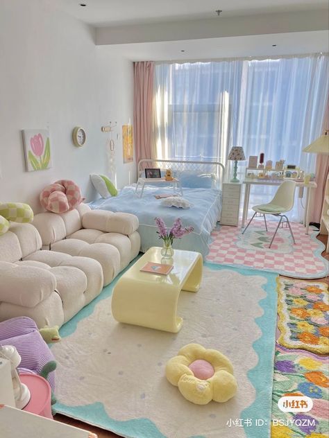 Pretty Wallpapers Bedrooms, Cute Room Interior, Pastel Studio Apartment, Kawaii Studio Apartment, Cute Cozy Living Room, Cute Bedroom Furniture, Kawaii Interior Design, Pastel Apartment Aesthetic, Kawaii Apartment