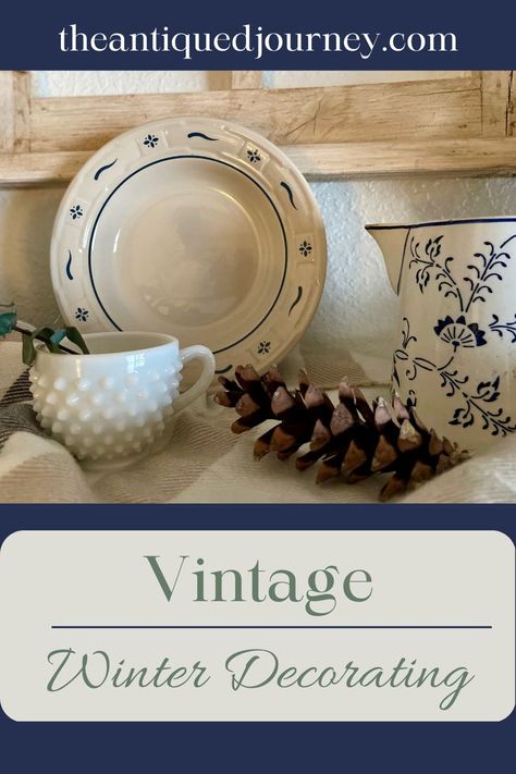 vintage decor displayed for winter on a shelf with pinecones Decorate For Winter After Christmas, Decorating For Winter After Christmas, Winter Vignettes, Vintage Winter Decor, Decorating After Christmas, Simple Winter Decor, After Christmas Decor, Neutral Winter Decor, Winter Decorating Ideas