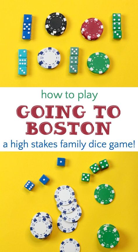 How to play Going to Boston, a fast-paced, easy to learn family dice game that can be played with or without stakes. Such a fun family game! Knockout Dice Game, Duck Nc, Family Card Games, Water Games For Kids, Matthew 17, Fun Card Games, Family Fun Games, Board Games For Kids, Summer Fun List