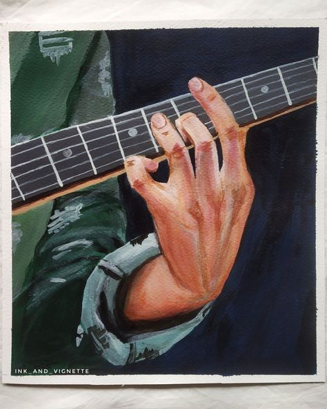 Guitar Drawing Watercolor, Guitar Painting Ideas On Canvas, Guitar Art Aesthetic, Guitar Aesthetic Drawing, Guitar Drawing Aesthetic, Guitar Drawing Art, Painting Of Guitar, Playing Guitar Painting, Guitarist Drawing