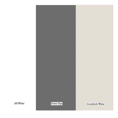 R- Colours for the office; Farrow & Ball - Cornforth White no.228, All White no.2005, Down Pipe no.26 Downpipe Colour Scheme, Farrow Ball Cornforth White, Farrow And Ball Railings Colour Palette, Cornforth White Colour Scheme, Downpipe Farrow And Ball Colour Scheme, Farrow And Ball Downpipe Kitchen, Farrow Ball Wimborne White, Downpipe Kitchen, Downpipe Farrow And Ball