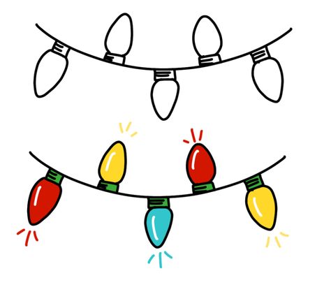 Image contains two strands of hand drawn Christmas lights, one outlined and one colored in red, yellow, blue, and green. Draw Christmas Lights, Christmas Lights Drawing, Christmas Decorations Drawings, Lights Drawing, Draw Christmas, Easy Christmas Drawings, Christmas Sketch, Art For Kids Hub, Christmas String Lights