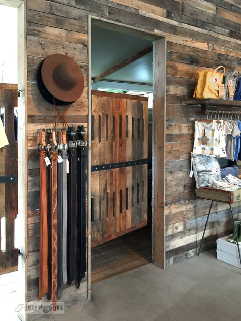 Pallet wood fitting room door and wall at Homme by Nature, in Makawao, Maui / funkyjunkinteriors.net Makawao Maui, Cowboy Store, Pallet Door, Cowboy Town, Fitting Rooms, Clothing Store Interior, Wood Walls, Wall Tiles Design, Western Shop