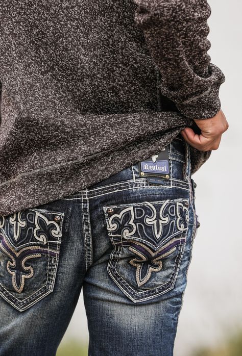 limited edition Men's jeans found only at Buckle // shop the unique jeans now | Buckle Designs For Jeans, Buckle Jeans Mens, Rock Revival Jeans Mens, Unique Jeans, Buckle Jeans, Rock Revival Jeans, Denim Jeans Men, Style For Men, Denim Branding