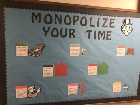 Monopoly Ra Theme, Monopoly Bulletin Board, Time Management Bulletin Board, Monopoly Classroom, Door Name Tags, Monopoly Theme, Board Game Themes, Baruch College, Ra Door Decs