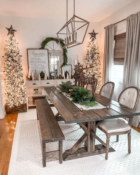 Two Christmas Trees In Living Room, Christmas Dining Room, Christmas Dining Table, Christmas Board, Pencil Christmas Tree, White Christmas Decor, Gorgeous Christmas, Christmas Dining, Christmas Decorations Rustic