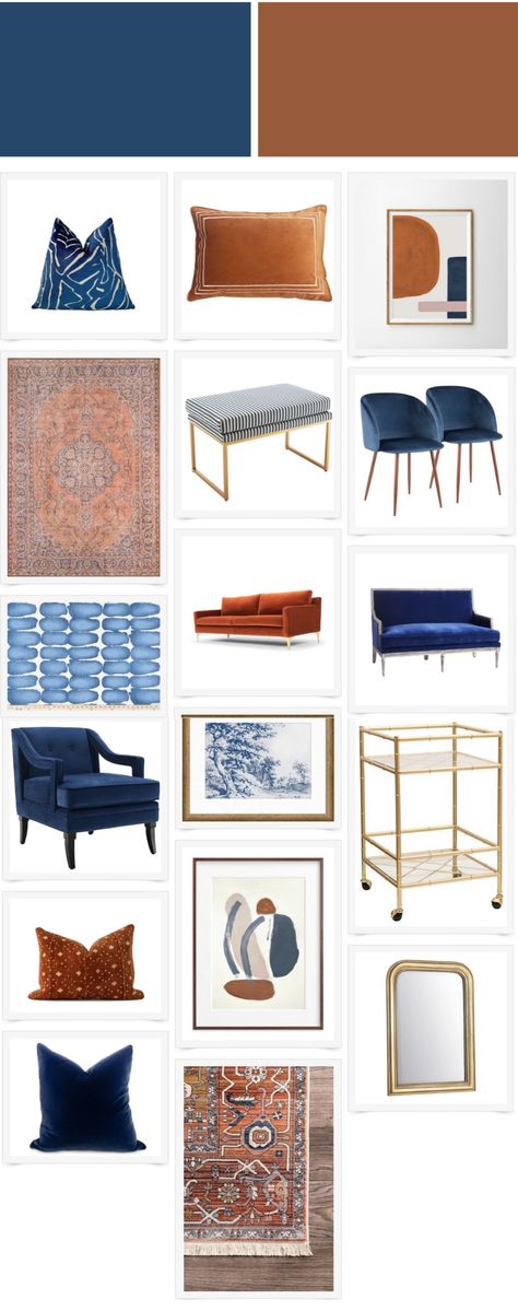 Navy Blue White And Orange Living Room, Blue And Amber Living Room, Rust Mustard Blue Palette, Navy Blue And Terracotta Living Room, Blue And Terracotta Color Palette, Orange And Navy Living Room, Blue And Rust Living Room Decor, Blue And Terracotta Living Room, Blue And Orange Living Room