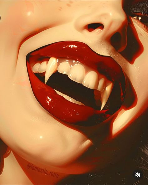 Up Close Pose Reference, 1950s Vampire, 80s Vampire Aesthetic, Tongue Out Art, Tongue Sticking Out Drawing, Lips With Fangs, Vampire Artwork, Lips Reference, Spooky Vintage