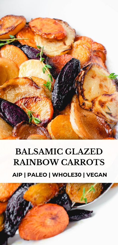 This recipe for Balsamic Glazed Carrots is a simple, delicious and easy side dish that is full of flavor. These are AIP, paleo, vegan and Whole30. #aiprecipes #paleorecipes #paleo #aip #aipdiet #autoimmunepaleo #aipprotocol #autoimmunedisease #vegan #sides #vegetablesides #vegansides #healthy #healthyside #healthydinner #easy #easysides #carrots #rainbowcarrots #balsamic #balsamicglazedcarrots #whole30 #whole30recipes #healmedelicious Whole 30 Vegetable Sides, Aip Thanksgiving Appetizers, Aip Vegetable Side Dishes, Aip Easter Recipes, Whole 30 Carrots, Aip Carrot Recipes, Whole 30 Thanksgiving Sides, Simple Aip Meals, Paleo Sides Dishes