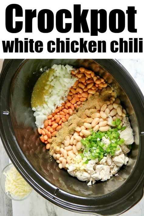 This easy white chicken chili Crockpot recipe is healthy and hearty! Use fresh or rotisserie precooked meat and beans for a great meal. #chickenchili #whitechickenchili #crockpotchickenchili #crockpotwhitechili White Chili Crockpot, White Chicken Chili Crockpot, Easy White Chicken Chili, White Chicken Chili Recipe Crockpot, Chili Recipe Stovetop, Chili Crockpot, White Chicken Chili Slow Cooker, Chicken Chili Crockpot, Chilli Recipe