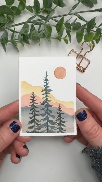 Stuff To Watercolor, Simple Beginner Watercolor, Forest Drawing Watercolour, Water Colors Painting Begginers, Easy Watercolor Postcards Ideas, Simple Things To Paint Watercolor, Watercolor On Canvas Ideas, Mini Watercolor Paintings Simple, Fall Watercolor Cards Ideas