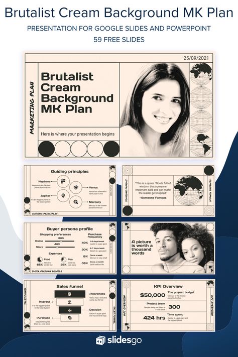 Brutalist Cream Background MK Plan Brutalist Presentation Design, Brutalist Powerpoint, Cream Backgrounds, Powerpoint Designs, Modern Marketing, Marketing Plan Template, Zine Design, Brutalist Design, Project Presentation