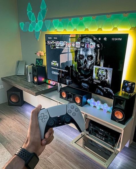 Gaming Room Setup Consoles, Ps5 Gaming Room, Ps5 Aesthetic Setup, Setup Gamer Simples, Video Juegos Aesthetic, Ps5 Setup Bedroom, Xbox Setup Bedroom, Gaming Tv Setup, Tv Gaming Setup