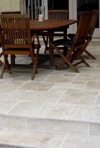 French Pattern Paving, Travertine French Pattern, Travertine Front Porch, Paved Verandah, French Paving, Travertine Porch, Travatine Tiles, Pavers Pattern, Verandah Tiles