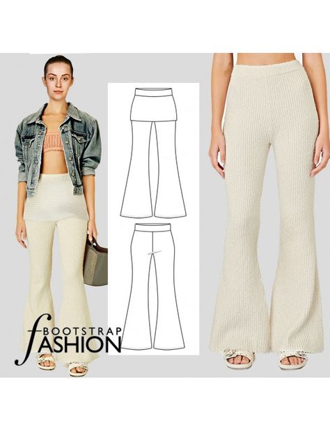 Pull-On Bell Pants Sewing Pattern Online. Custom Fit. Illustrated Sewing Instructions | BootstrapFashion Patterns Pants Pattern Free, Bell Pants, Pants Sewing Pattern, Sewing Pattern Design, Bell Bottom Pants, Dress Form, Diy Dress, Pull On Pants, Pants Pattern