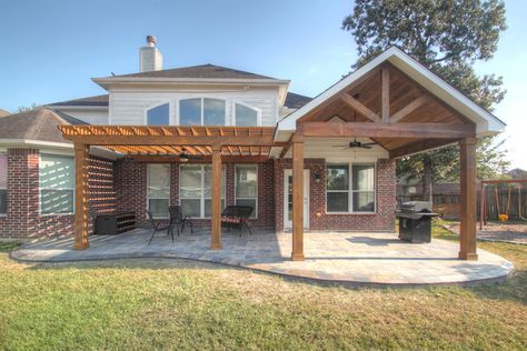 Patio Covers - Custom Patio Structures Patio Extension With Fireplace, Patio Roof And Pergola, Pergola And Covered Patio, Covered Patio Two Story House, Semi Covered Patio Ideas, Pergola Extended From Covered Patio, L Shape Covered Patio Ideas, Detached Covered Patio Design, Extending A Covered Patio