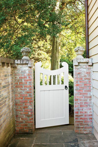 Updated Colonial Gate Updated Colonial, Arbor Gate, Classic Exterior Design, Brick Pillars, Wooden Garden Gate, Backyard Gates, Garden Gates And Fencing, Garden Gate Design, Side Gates