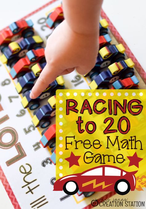 Counting on, simple addition and number identification wrapped into a FREE math game...YES, please! Add in some fun race cars from the Target Dollar Spot and it's new favorite! Free Math Games, Counting To 20, Mrs Jones, Math Activities For Kids, Kindergarten Curriculum, Creation Station, Kindergarten Math Activities, Kindergarten Resources, Math Game