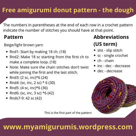 Free amigurumi donut pattern! 🌟☺️🍩 Follow my instructions to make your own donut! More details instructions on my blog: https://wp.me/pfQ8Jl-4I #crochet #amigurumi #amigurumis #amigurumilove #myamigurumis #donut #doughnut #doughnuts #donuts #cute #japanese #kawaii #diy #yarn #freepattern Crochet Donuts Free Pattern, Crochet Doughnut Pattern Free, Crochet Donut Pattern Free, Crochet Doughnut, Amigurumi Donut, Donut Crochet, Crochet Donut, Cat Pod, Donut Pattern