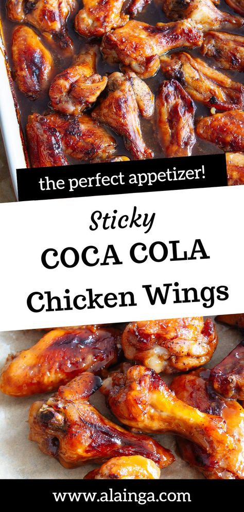 These Sticky Coca Cola Chicken Wings are super delicious and make the perfect snack or appetizer. You can also use the coca cola glaze on chicken thighs, chicken breast or any other chicken pieces. They are great served on their own or with some rice or noodles. Whiskey Cola Chicken, Chicken Wings In Crockpot With Coke, Crockpot Cola Chicken, Coke A Cola Chicken Wings, Chicken Nibbles Marinade, Chicken Wings In Coke, Coke Cola Chicken Wings Recipe, Coke Wings Recipe, Coca Cola Chicken Wings Recipe