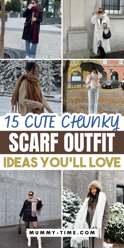 �❄️ Stay warm and turn heads with the ultimate chunky scarf outfit ideas. Our guide shows you how to pair chunky knits with any ensemble. 🧥 Embrace the season in style—click through for inspiration and make sure to save this pin for easy styling tips! How To Wear A Bulky Scarf, How To Wear A Scarf With A Coat, Cream Scarf Outfit, Chunky Scarf Outfit, Big Scarf Outfit, Outfits With Scarf, Scarf Outfit Ideas, Jacket With Scarf, Layered Winter Outfits