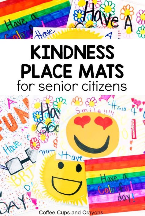 An awesome act of kindness for seniors! Make reusable kindness place mats for senior citizens who can't get out. Great act of kindness for kids and preschoolers! #actsofkindnessforseniors #actsofkindness #kidscrafts #helpthehungry #100actsofkindness #kindnessproject Valentine Service Projects For Kids, School Wide Kindness Projects, Kindness Bulletin Board Ideas Elementary, Kindness Activities For School, Give Back Ideas, Kindness Club Ideas, All Together Now Crafts, Kindness Activities For Kids Classroom, Kindness Week Activities Elementary