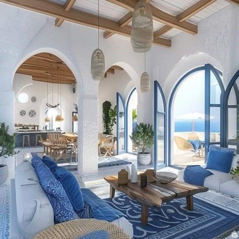 Greece Themed Room, Modern Greek House, Greek House Interior, Greek Bedroom, Greek Style Home, Greek Interior Design, Small Space Interior, Greek Home Decor, Greek Theme