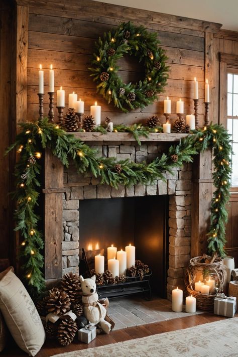 20 Christmas Mantel Decor Ideas – ToolzView Fireplace Filled With Candles, Holiday Mantle Decor Farmhouse, Natural Christmas Mantle Decor Ideas, Fireplace Mantle Candle Decor, Tall Mantle Christmas Decor, Decorating Unused Fireplace, Mantle Candlesticks Decorating Ideas, Candles Inside Fireplace Ideas, Fireplace Candle Ideas