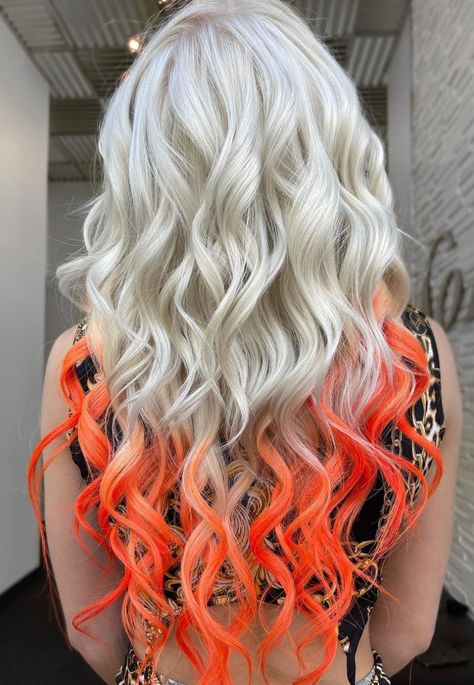 White Blonde with Bright Orange Tips Platinum Blonde And Orange Hair, Blonde To Orange Ombre, Orange Roots Blonde Hair, Reversed Ombre, Blonde And Orange Hair, Reverse Ombre Hair Color, Orange And White Hair, Orange And Blonde Hair, October Colors