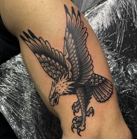 Black And Grey American Traditional, Eagle Tattoo Arm, Traditional Sleeves, Eagle Chest Tattoo, Traditional Tattoo Black And White, Traditional Eagle Tattoo, Artsy Tattoos, Bolt Tattoo, Wrist Tattoo Designs