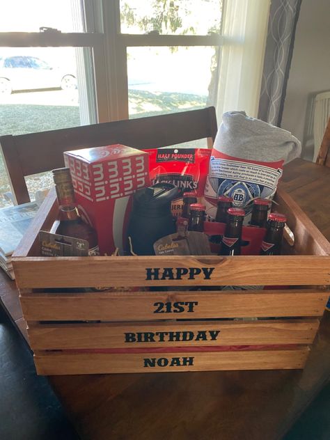 Stained and added vinyl to a crate, filled it with favorite things Crate Gift Basket Ideas, Wooden Crate Gift Basket Ideas, Man Crates, Wooden Cart, Gift Crates, Birthday Basket, 40th Birthday Cards, Creative Gifts For Boyfriend, Wood Basket