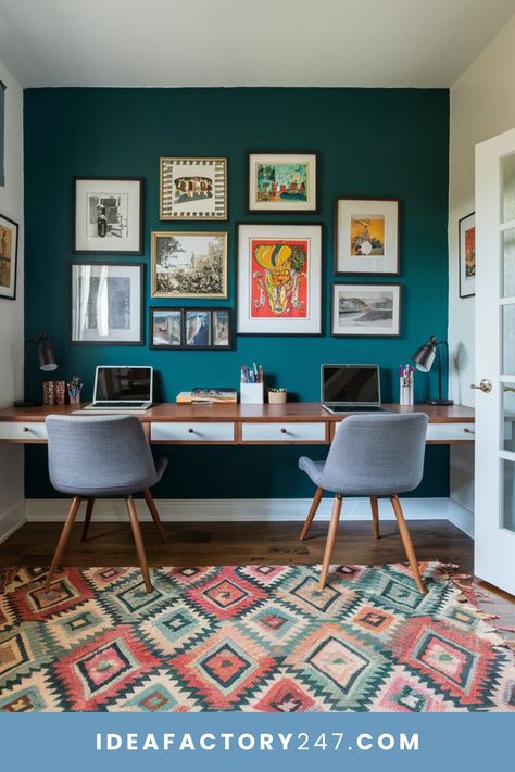 Colorful decor in a small home office workspace Teal Study Home Office, Boho Office Space Workspaces, Boho Office Room, Small Office Space Ideas, Small Home Office Decor, Teal Office, Home Office Decor Ideas, Tiny Home Office, Boho Office