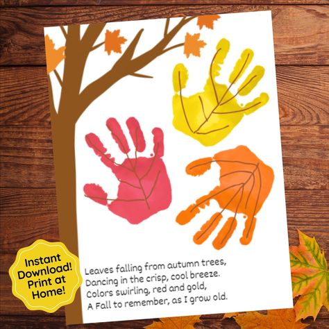 Celebrate Fall with your child with this fun Leaf Handprint Craft! Help your child create their own leaves falling from this autumn tree. Pretty poem adds to this printable keepsake. A unique and sentimental gift giving idea. This is also a great resource for teachers as a fall preschool activity or kindergarten activity! Instant Download. You will receive 3 different sizes: (1) 8x10 inch PDF File (1) 8.5x11 inch PDF File (1) A4 PDF File Print as many as you need! This print is not customizable. Leaf Handprint Crafts Preschool, Fall Activity For Preschoolers, Preschool Fall Decorations, Hand Leaves, Leaves Preschool Crafts, Fall Projects Preschool, Painting Crafts For Preschoolers, Fall Ideas Kindergarten, Handprints Leaves