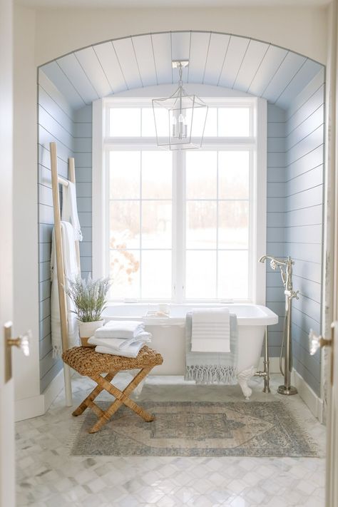 Spring Towel Refresh With Serena & Lily - Bathroom Decor, towels, bathtub, shiplap Dream Beach Houses, Coastal Bathrooms, Up House, Coastal Farmhouse, Living Ideas, House Room, House Bathroom, Boho Home, Beautiful Bathrooms