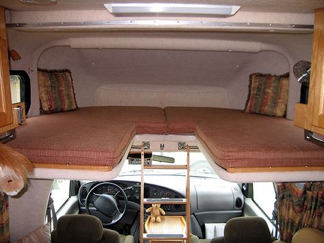 Over Cab Bed Van, Class C Cabover Bed Ideas, Rv Cab Over Bunk Ideas, Rv Over Cab Bed Ideas, Rv Class C Over Cab Bed Remodel, Rv Storage Ideas, Motorhome Remodel, Van Bed, Kombi Home