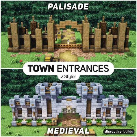 Minecraft Wall Gate Design, Minecraft Wall Entrance Designs, Minecraft Town Wall Ideas, Minecraft Survival Wall, Wall Entrance Minecraft, Minecraft Big Entrance Ideas, Palisade Wall Minecraft, Minecraft Mine Entrance Simple, Entrances Minecraft Ideas