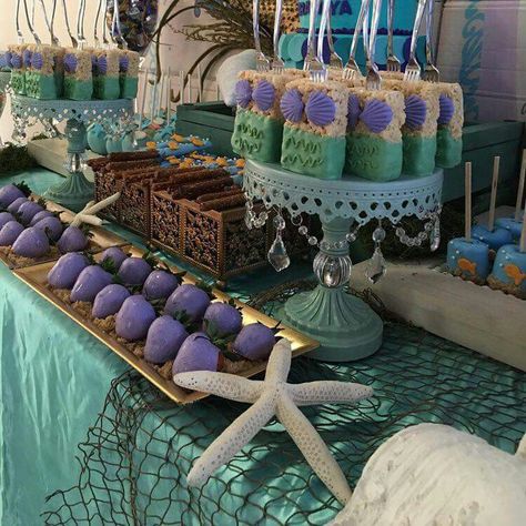 Mermaid theme party Mermaid Dessert Table, Beach Themed Birthday, Dessert Table Ideas, Ariel Birthday Party, Ariel Birthday, Cake Party, Mermaid Theme Party, Sea Birthday Party, Mermaid Baby Showers