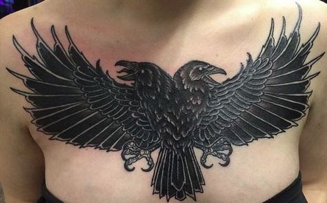 Double Headed Raven Tattoo, Raven Stomach Tattoo, Crow Chest Tattoo Female, Raven Chest Tattoo Female, Chest Coverup Tattoo, Tattoo Peito, Scarlet Woman, Crow Logo, Full Neck Tattoos