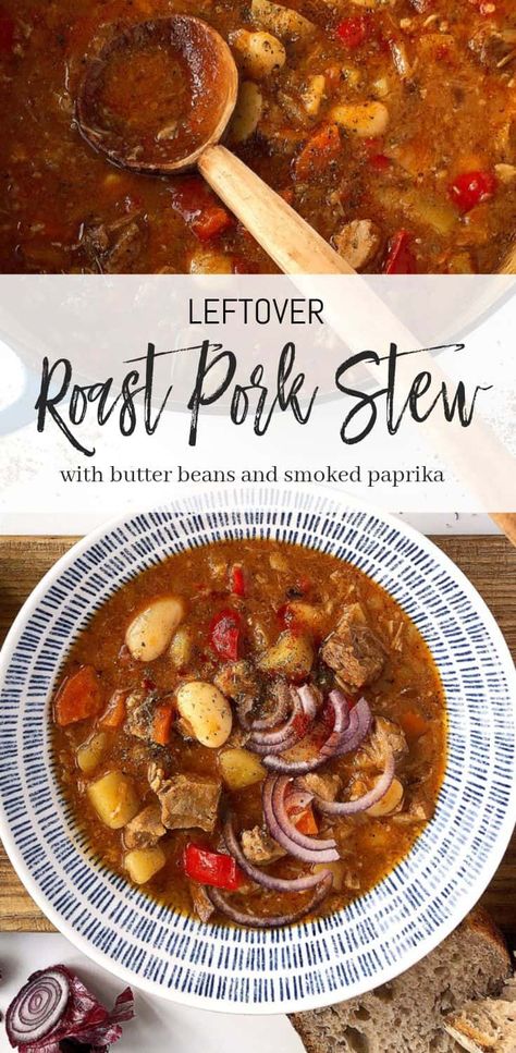 Making stew is a perfect way how to re-use leftover roast pork shoulder. This recipe combines pork, carrots, red bell peppers, potatoes and butter beans but it is flexible and easy to adjust by adding a different kind of vegetables and pulses. It’s using chickpea flour for thickening so it’s completely gluten-free. Leftover Pork Shoulder, Pork Shoulder Stew, Leftover Pork Roast Recipes, Roast Pork Shoulder, Leftover Pork Roast, Pork Shoulder Recipes, The Stew, Leftover Pork, Pork Shoulder Roast