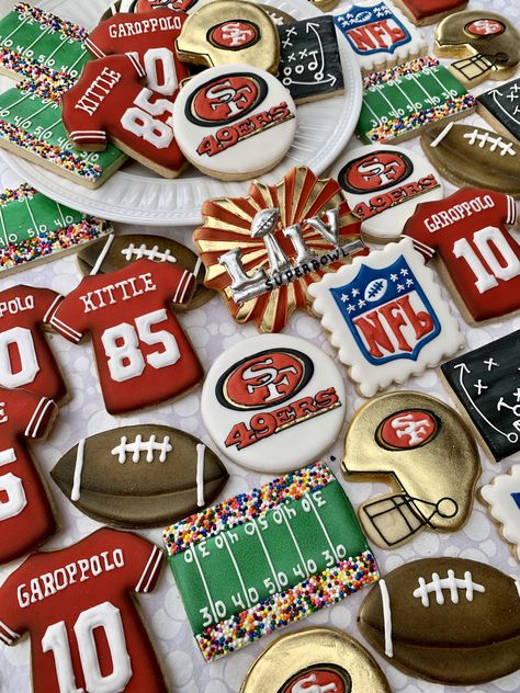 Super Bowl Party Food 49ers, San Francisco 49ers Cookies Decorated, 49er Cookies Decorated, 49ers Themed Snacks, 49er Theme Party, Cookies For Super Bowl, 49er Themed Drinks, 49ers Superbowl Party, 49ers Charcuterie Board