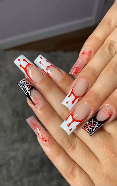 Halloween Acrilyc Nail Ideas, Hollween Costumes Ideas Nails, Halloween Nails Red And White, Medium Length Nails Acrylic Coffin Halloween, Halloween Birthday Nails Short, Halloween Movie Nail Designs, Halloween Nail Designs Acrylic Square, Halloween Nail Designs Coffin Shape, Coffin Shaped Halloween Nails