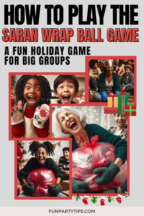 Looking for a unique Christmas gift exchange idea? Or maybe a fun family Christmas tradition. The hilarious Saran Wrap Ball Game adds layers of fun to family gatherings! Learn how to play the Saran Wrap Ball game and fun gift ideas. Unwrap small treasures, make memories, and bring on the laughs this holiday season. Perfect for family game nights or holiday parties. Games For Big Groups, Wrap Ball Game, Saran Wrap Ball, Ultimate Christmas Party, Christmas Group Games, Saran Wrap Ball Game, Fun Holiday Games, Fun Gift Ideas, Christmas Gift Exchange