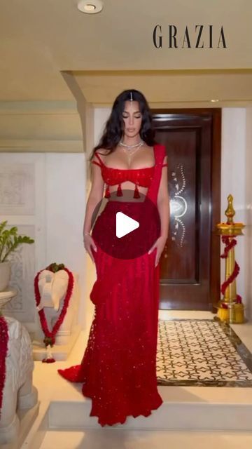 GRAZIA India on Instagram: "Here's a closer look at Kim Kardashian's look for the night!

What are your thoughts on it?

#anantambani #ambaniwedding #radhikamerchant" Red Sharara, Indian Skirt, Wedding Sutra, Kardashian Style, Kim K, Indo Western, Western Outfits, Keep Up, Celebrity Weddings