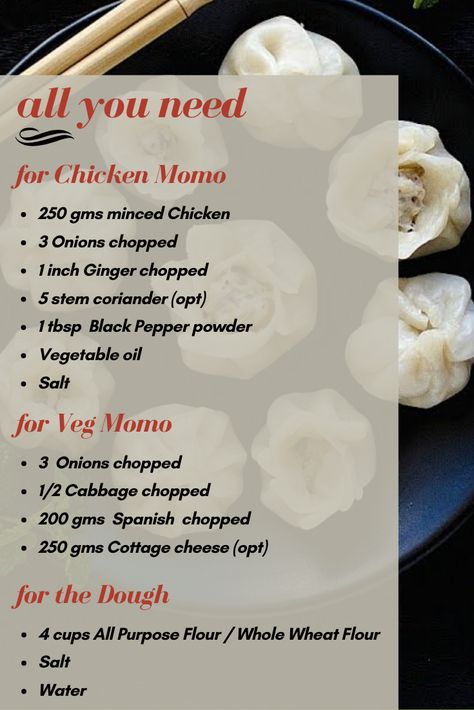 Momo Ingredient List Momos Easy Recipe, Momo Recipe Chicken, Chicken Momos Recipe Step By Step, Jhol Momo Recipe, Easy Momos Recipe, Veg Momos Recipe, Momo Recipe, Spicy Vegetarian Recipes, Veg Momos