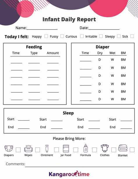 Daily notes are an easy way to give parents a glimpse into their child’s day and keep them updated with important information. Kangarootime’s infant daily report template gives your center staff a way to track an infant’s mood, diaper changes, feedings, naps, and any additional supplies their parents will need to bring in. By tracking this information, your staff can engage parents and better care for your center’s children. Infant Daily Report Printable Free, Infant Care Sheet, Toddler Daily Report, Daily Report Template, Daycare Daily Sheets, Infant Daily Report, Infant Room Ideas, Infant Room Daycare, Daycare Schedule