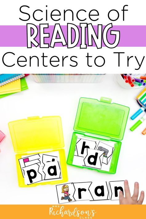 Looking to make your literacy centers even better? Let's get your literacy centers to align with the science of reading! With science of reading centers, you can help students build strong decoding skills, reading skills, and writing skills. I'm sharing ten science of reading centers activities that your students are sure to love. These science of reading centers are perfect for kindergarten, first grade, and 2nd grade. Check them out today! Guided Reading Centers First Grade, Hmh Reading 1st Grade, Sor Centers 2nd Grade, Science Of Reading First Grade Activities, Sor Kindergarten Centers, Independent Reading Centers Kindergarten, Enrichment Activities For Kindergarten, Ela Centers 1st Grade, Science Of Reading Centers First Grade