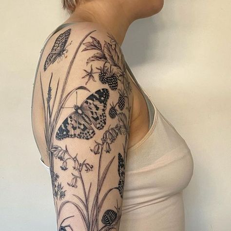 Ula on Instagram: "Finished one of my recent favourite ongoing projects today for lovely Persephone ✨ 4 long sessions and lots of good energy 💛 Thank you for your trust and always being such a dream to tattoo Perse!💫 All lines, the fairy and most of forearm is healed. Only shading on upper arm is fresh. *lil wrist tattoo not by me So nice to be back at my sweet @lunaandsoltattoo 💛 #sleeve #sleevetattoo #botanicaltattoo #botanicalart #woodland #tattoo #butterflytattoo ##sleevetattoos #tattooin Cottage Core Patchwork Tattoo, Woodland Tattoo, Cottagecore Tattoo, Thumb Tattoos, Whimsical Tattoos, Nature Tattoo Sleeve, Bug Tattoo, Theme Tattoo, Upper Arm Tattoos