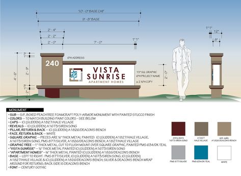 Working Drawing Entry Monument Sign | Behance Sunrise Apartment, Deacons Bench, Monument Signage, Hospital Signage, Stucco Finishes, Monument Signs, Building Signs, Working Drawing, Signage Design