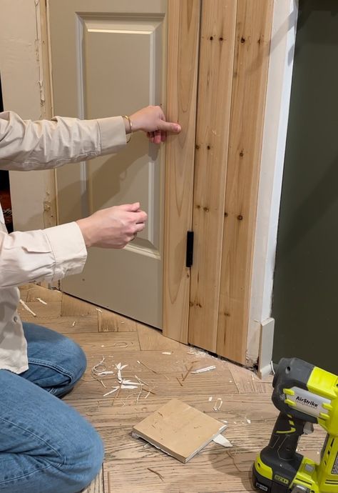 Easy DIY Hidden door project — REBECCA & GENEVIEVE Removing Basement Door, Basement Doors Ideas, Unusual Doors Interior, Paneled Wall Hidden Door, Fabric Covered Doors, Doors That Look Like Walls, Hidden Door For Closet, How To Make Raised Panel Doors, How To Hide A Closet Without A Door